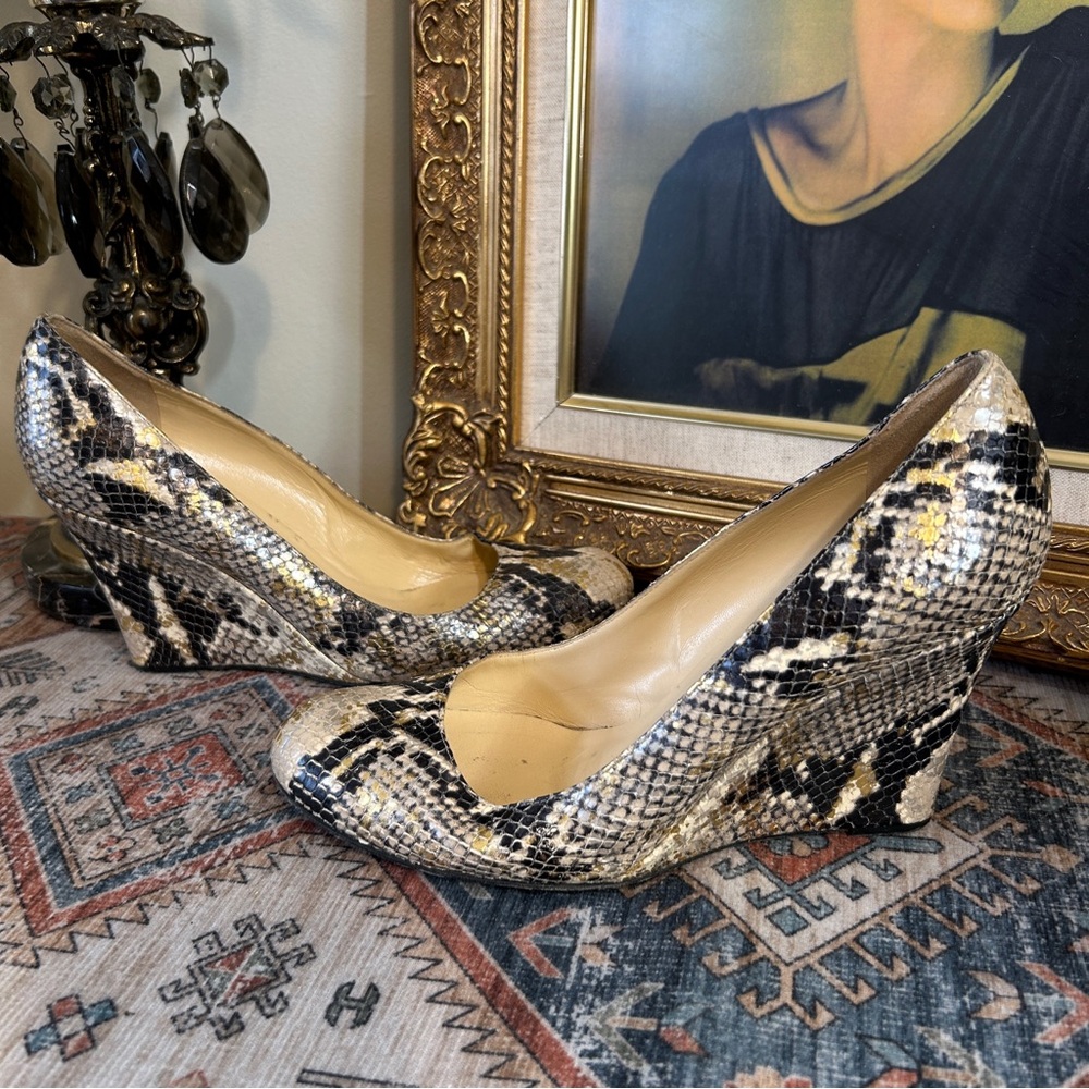 Kate Spade Python Snake Snakeskin Tan Black Gold Wash Wedge Heel Shoes